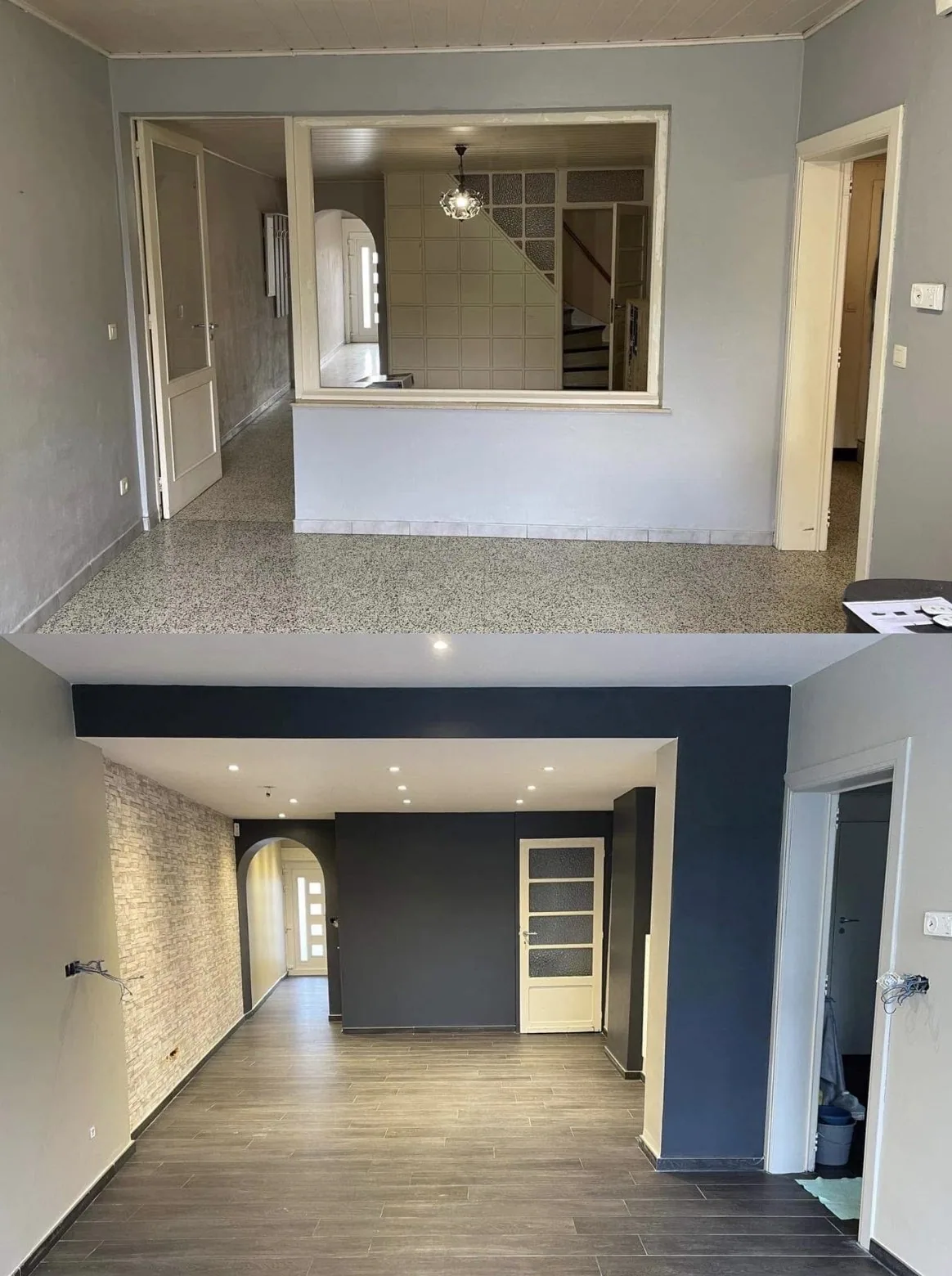 Comparatif avant et après : pièce de vie avec mur d’accent gris