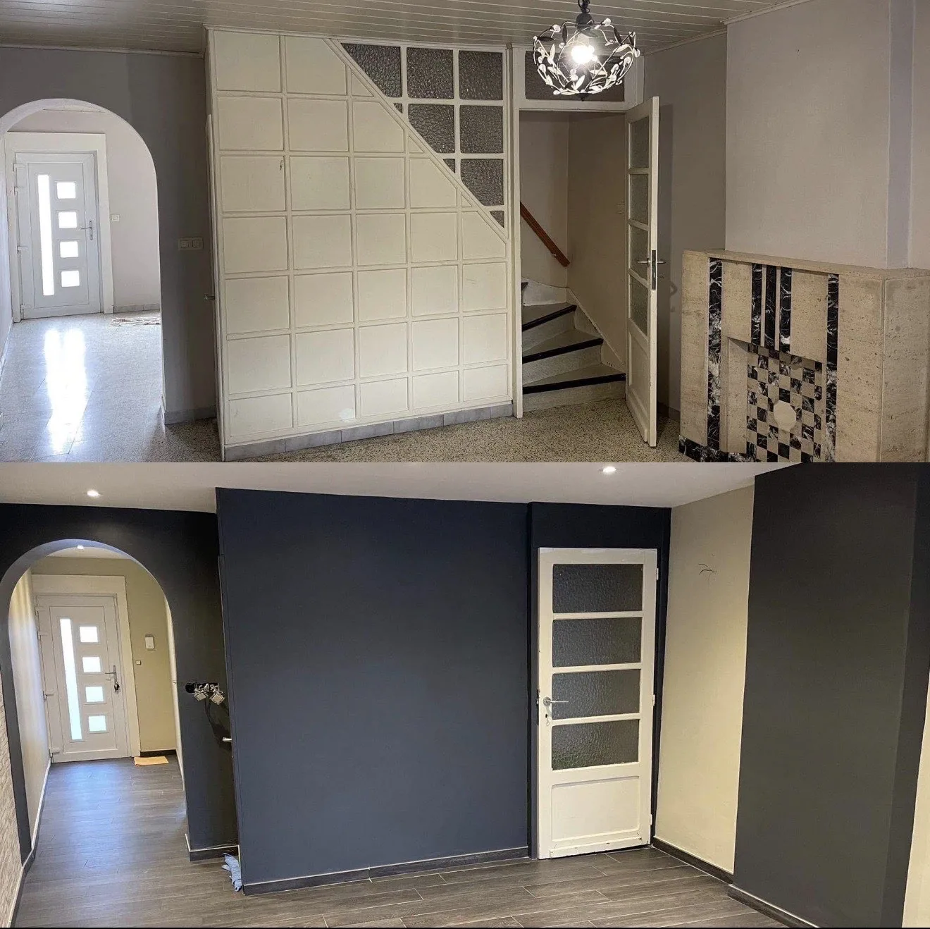 Comparatif avant et après : entrée et cage d’escalier rénovées