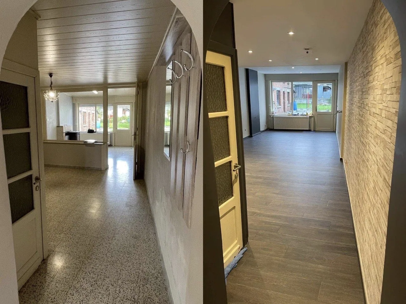 Comparatif avant et après : couloir et enfilade de pièces